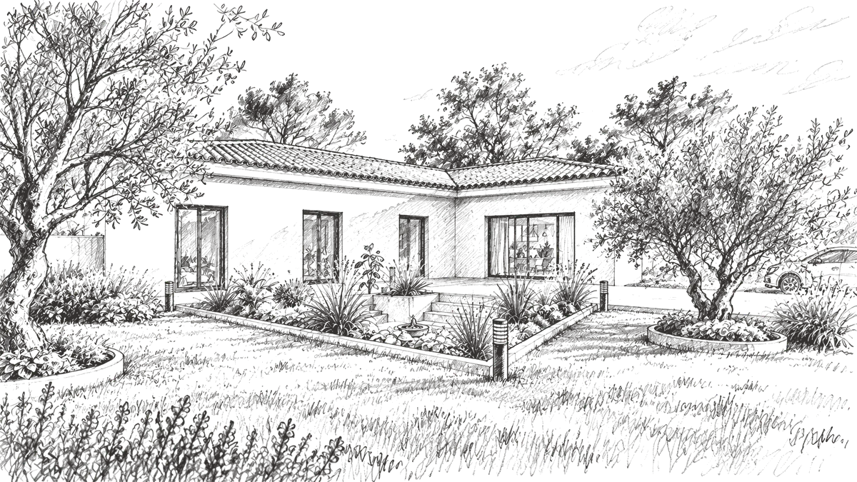 Esquisse au crayon d'une maison de plain-pied et de son jardin
